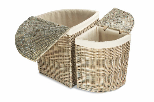 Antique Wash Willow Corner Linen Basket with White Lining Set 2
