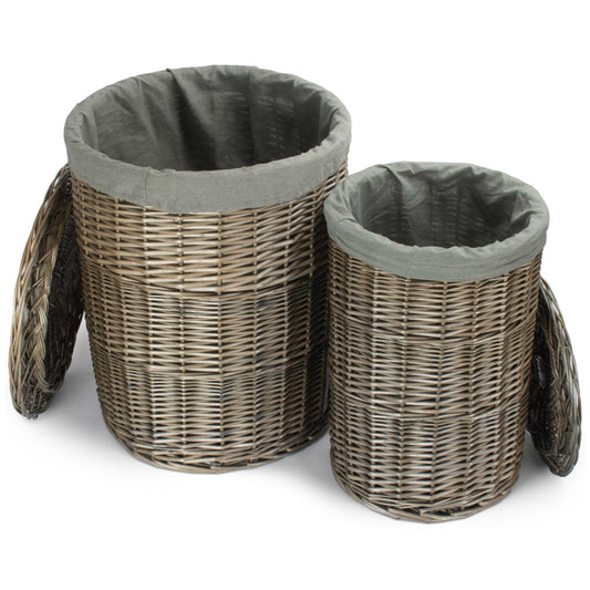 Antique Wash Willow Round Linen Basket with Grey Sage Set 2