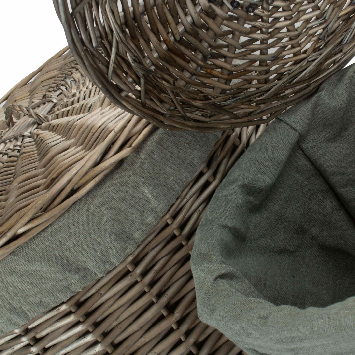 Antique Wash Willow Round Linen Basket with Grey Sage Set 2