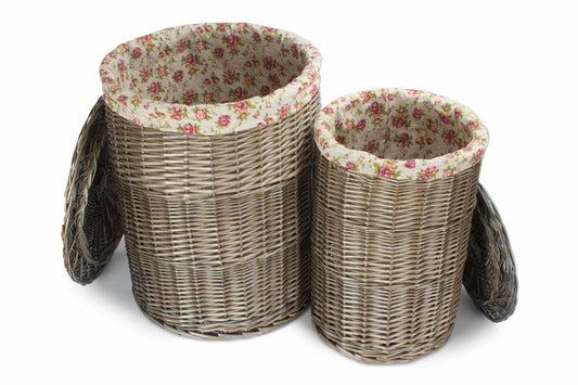 Antique Wash Willow Round Linen Laundry Basket with Garden Rose Lining Set 2