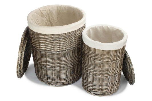 Antique Wash Willow Round Linen Basket with White Lining Set 2