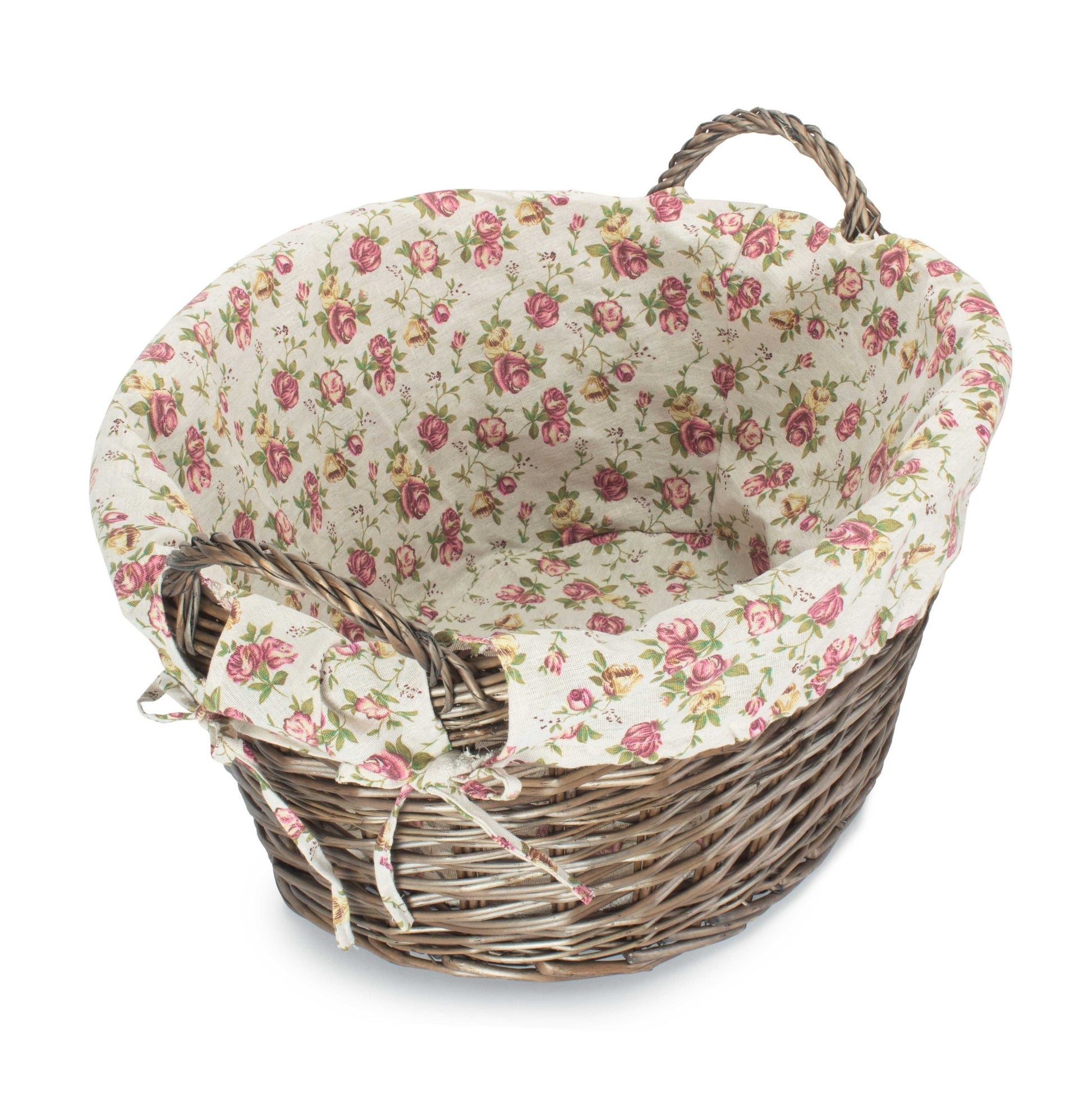 Antique Wash Willow Washing Basket with Garden Rose Lining