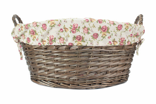 Antique Wash Willow Washing Basket with Garden Rose Lining