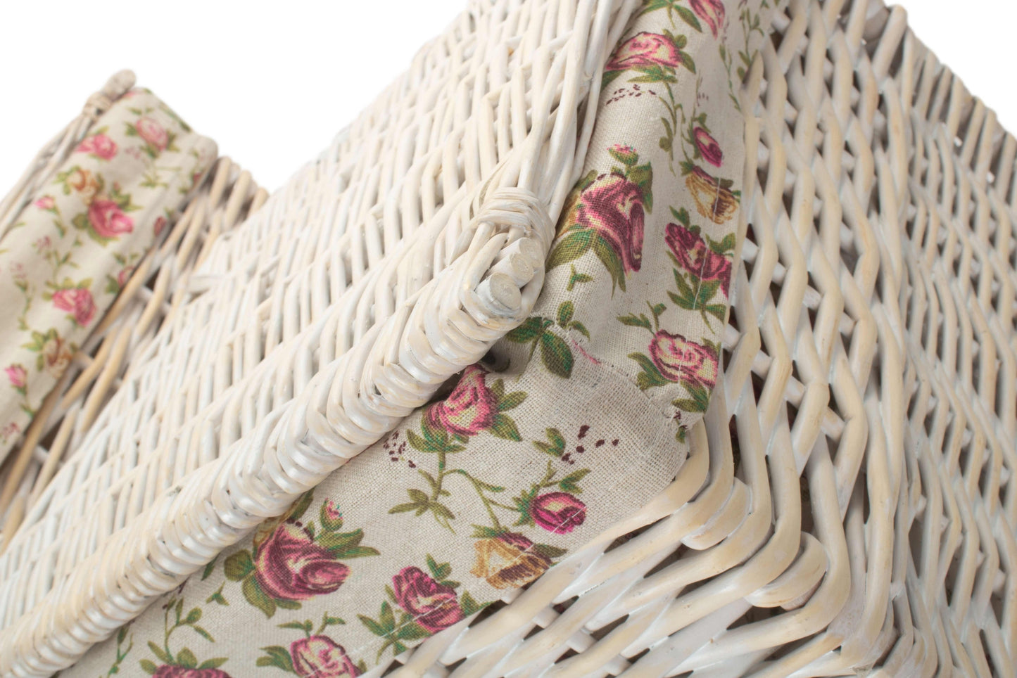 Square White Wash Laundry Hamper with Garden Rose Lining Set 2