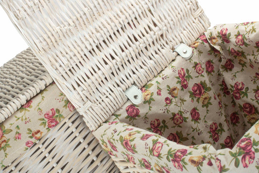 Square White Wash Laundry Hamper with Garden Rose Lining Set 2