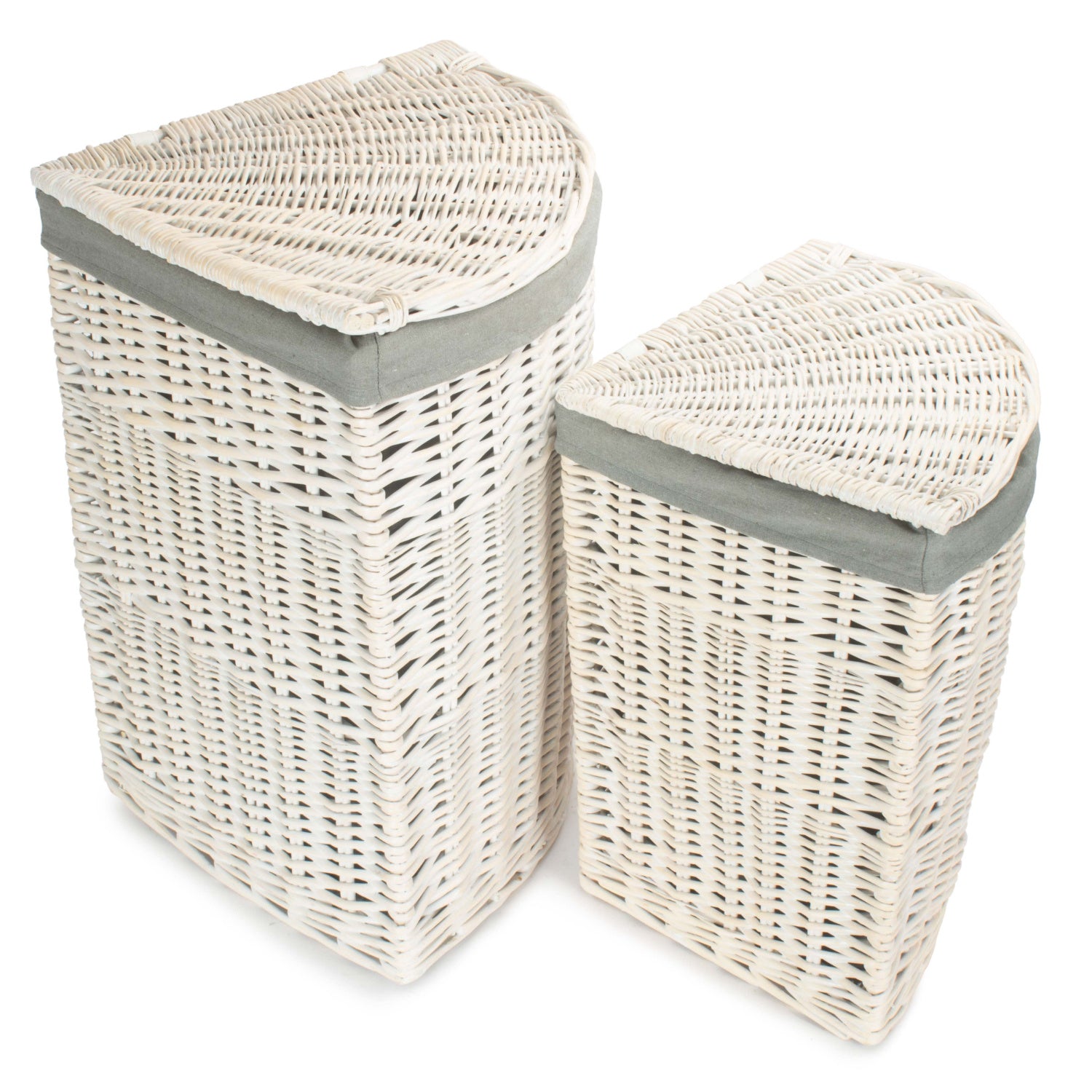 White Wash Willow Corner Laundry Hamper with Grey Sage Lining Set 2