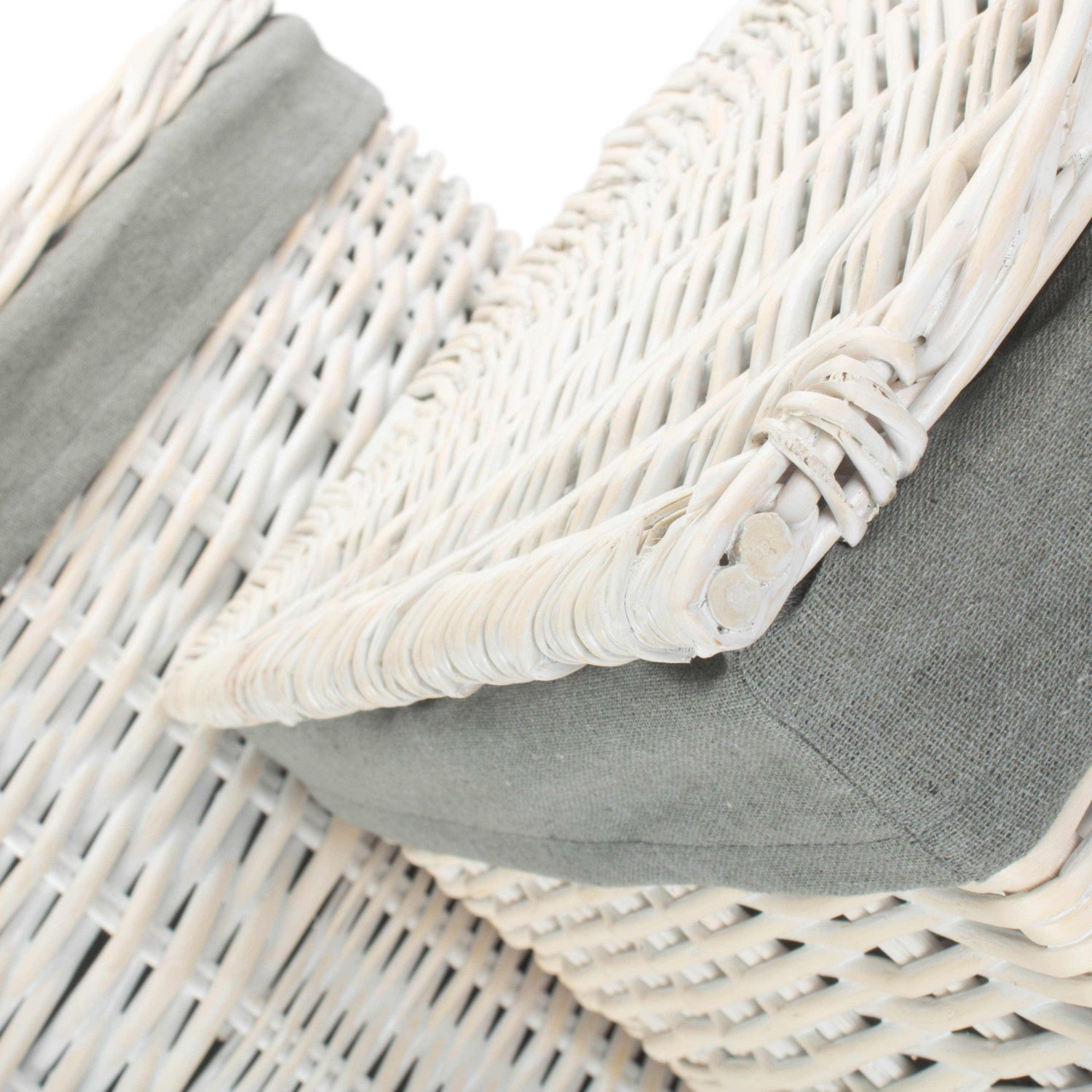 White Wash Willow Corner Laundry Hamper with Grey Sage Lining Set 2