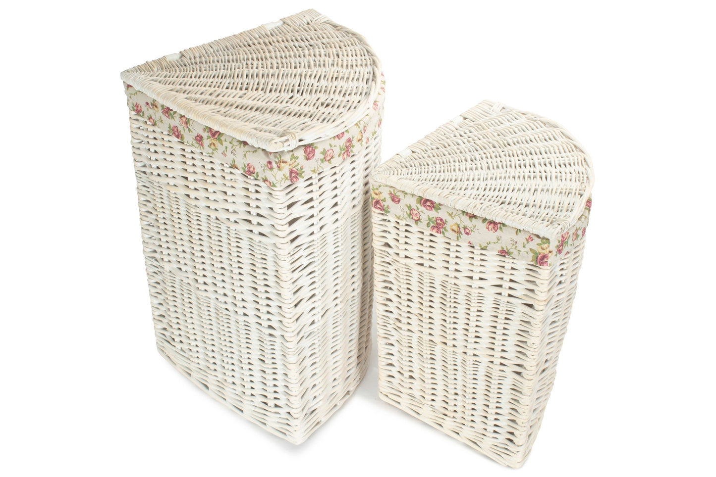 White Wash Willow Corner Laundry Hamper with Garden Rose Lining Set 2