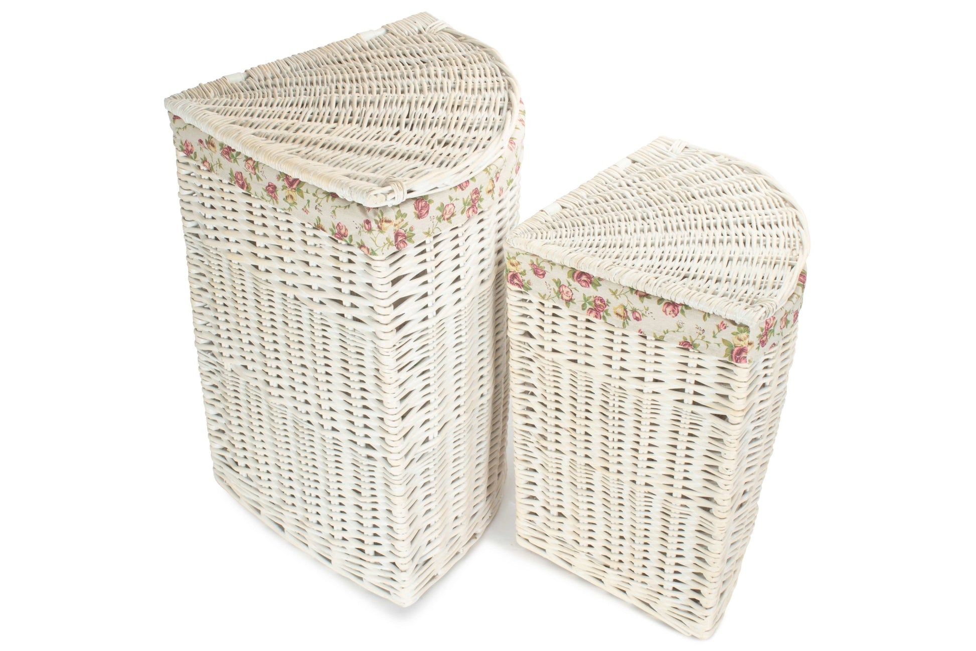 White Wash Willow Corner Laundry Hamper with Garden Rose Lining Set 2
