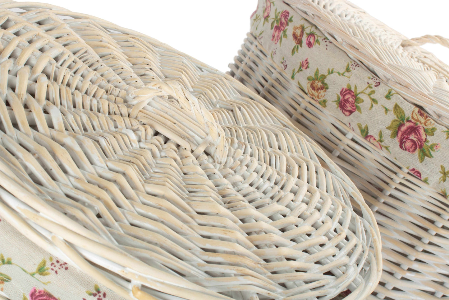 White Wash Willow Round Laundry Hamper with Garden Rose Lining Set 2