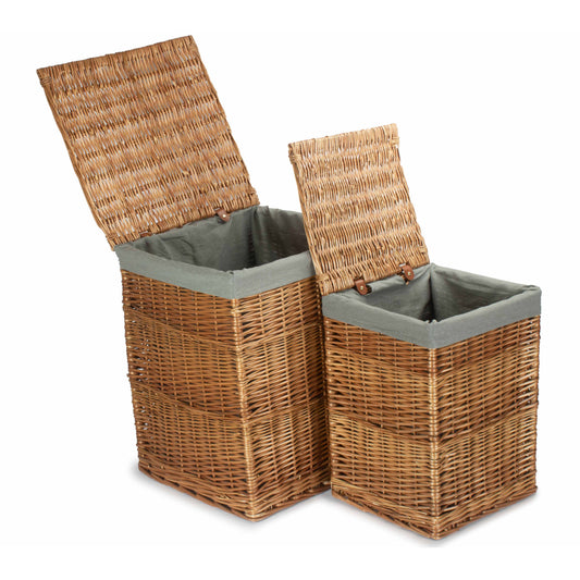 Light Steamed Willow Square Laundry Basket with Grey Sage Lining Set 2
