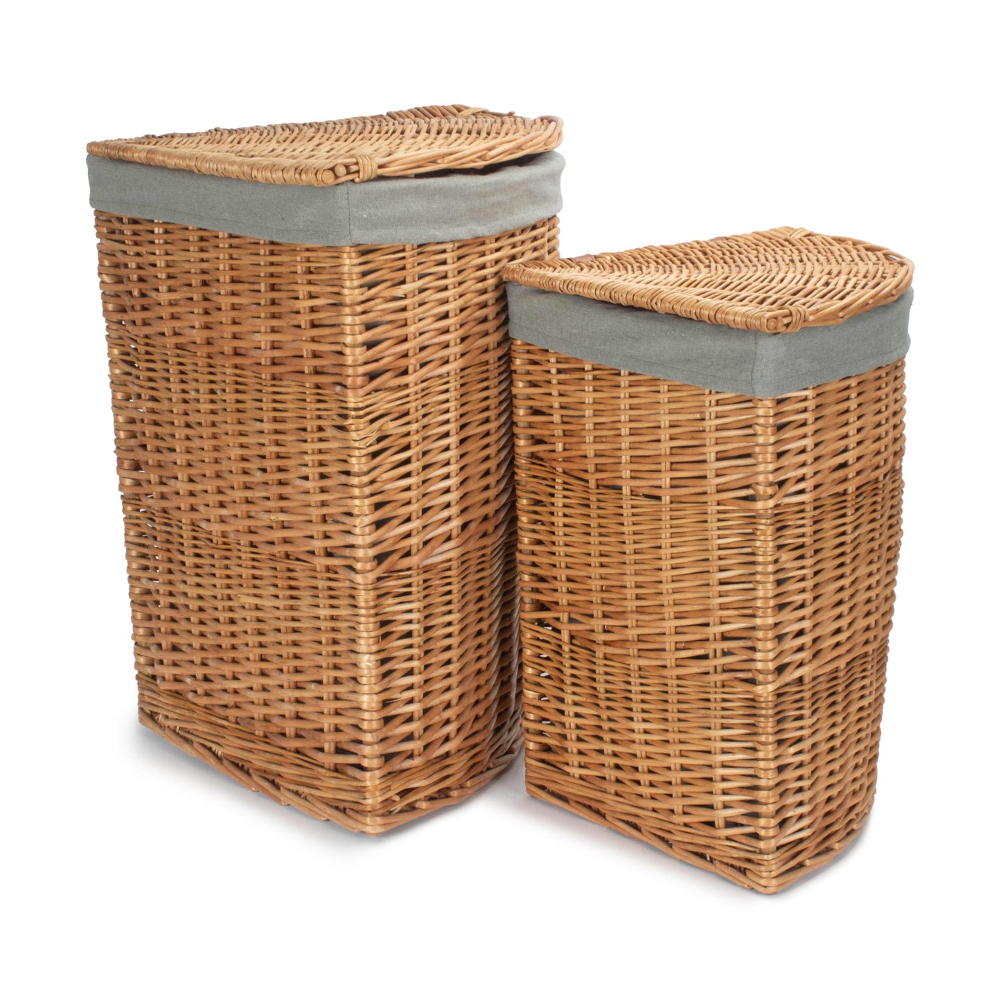 Light Steamed Willow Corner Linen Basket with Grey Sage Lining Set 2