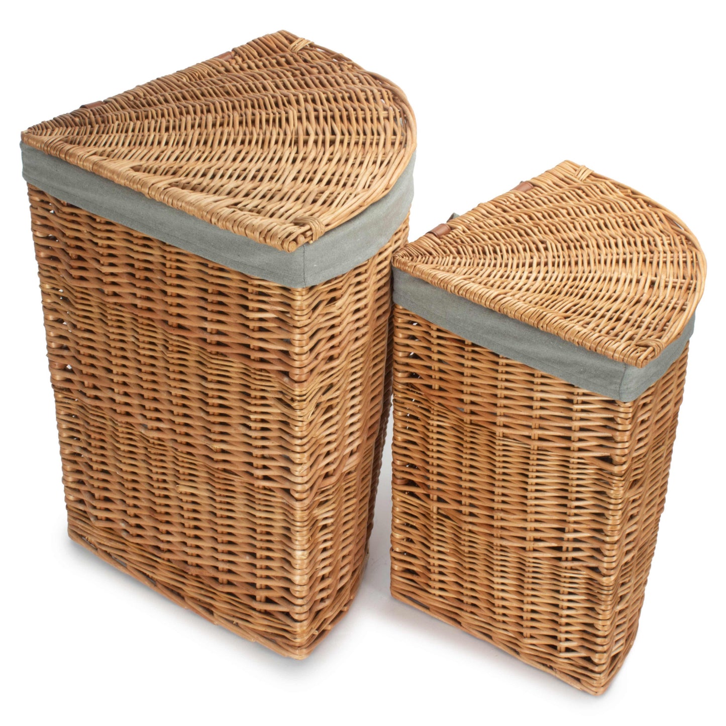 Light Steamed Willow Corner Linen Basket with Grey Sage Lining Set 2