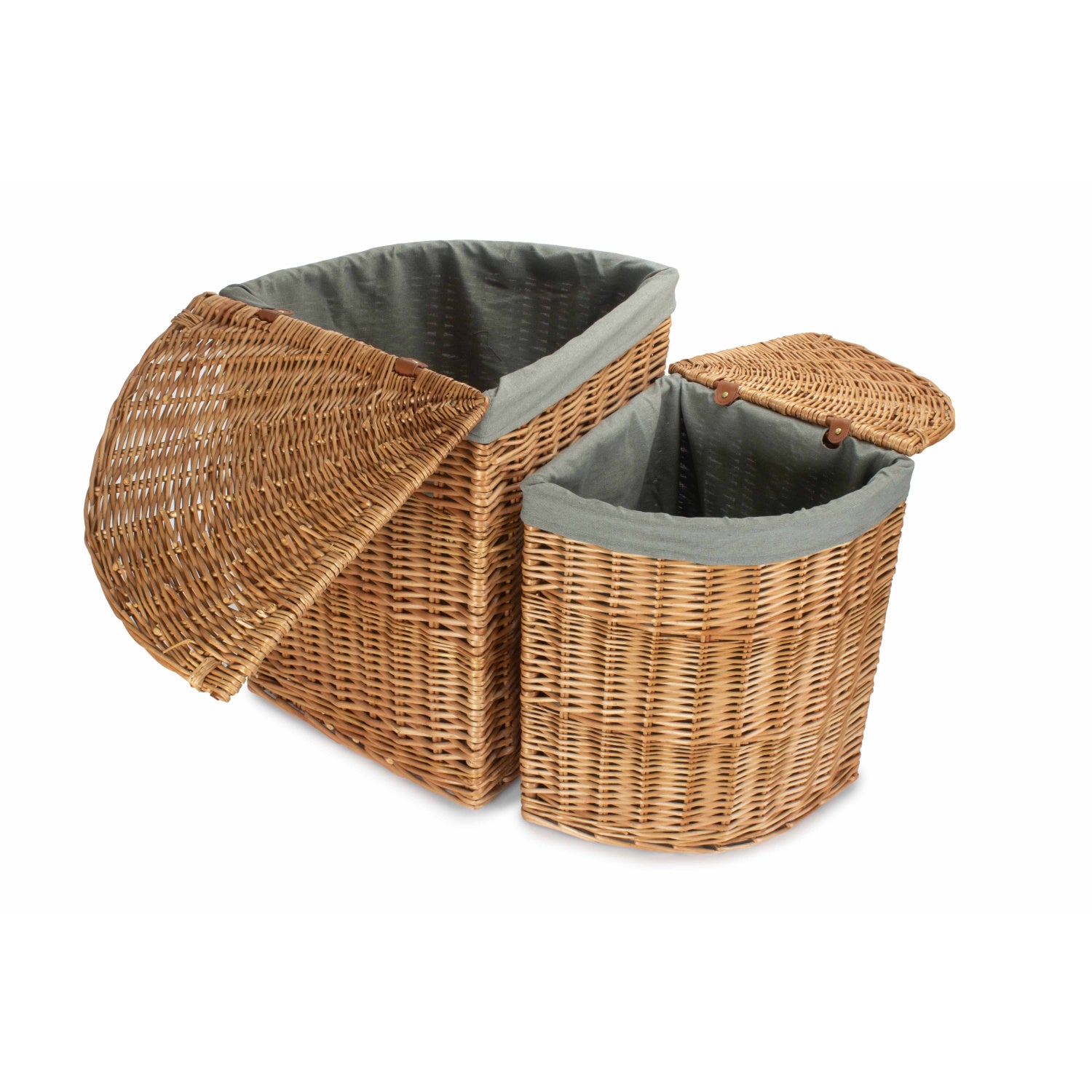 Light Steamed Willow Corner Linen Basket with Grey Sage Lining Set 2