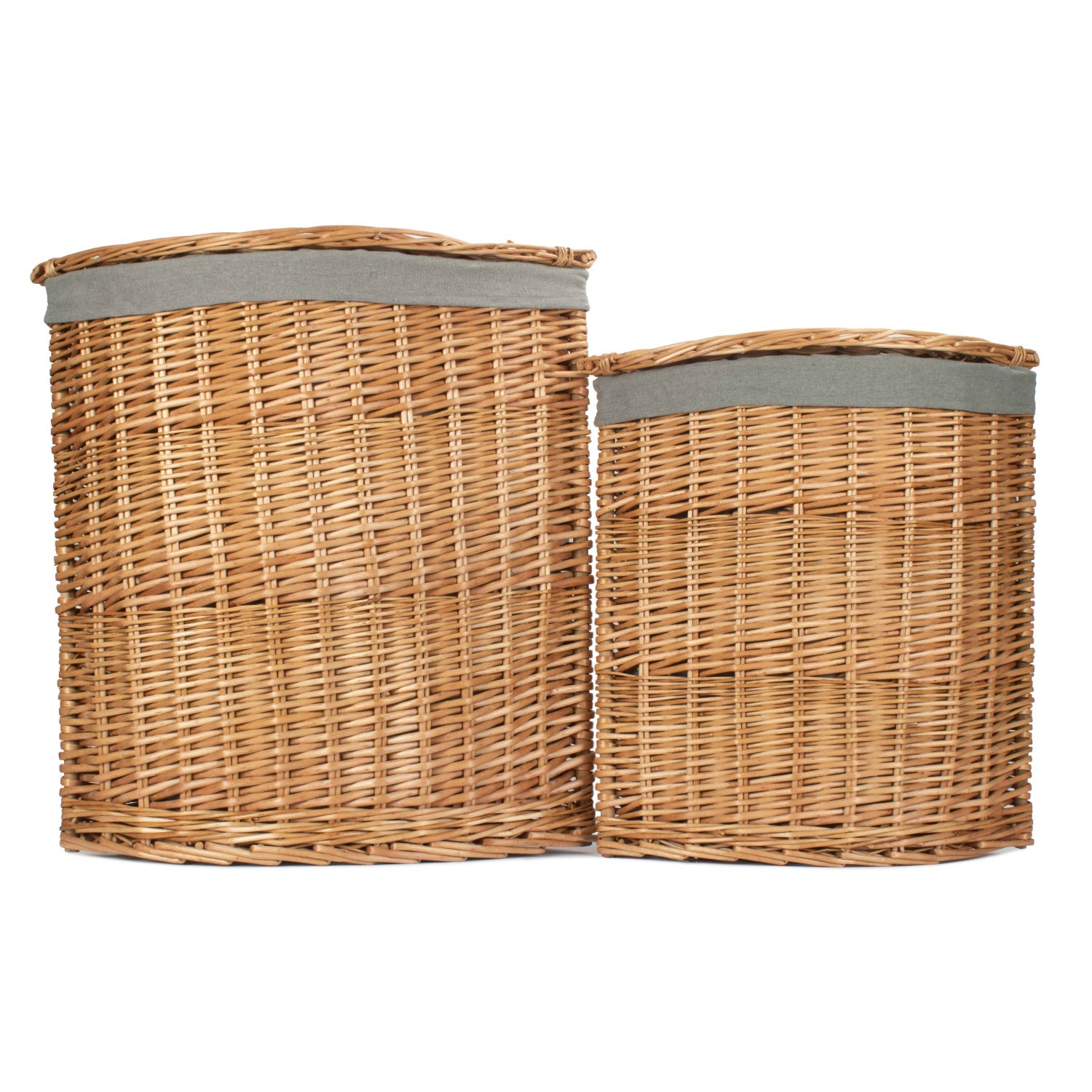 Light Steamed Willow Corner Linen Basket with Grey Sage Lining Set 2