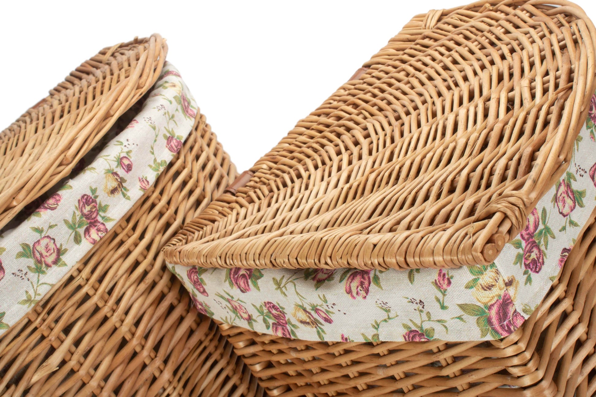 Light Steamed Willow Corner Linen Basket with Garden Rose Lining Set 2