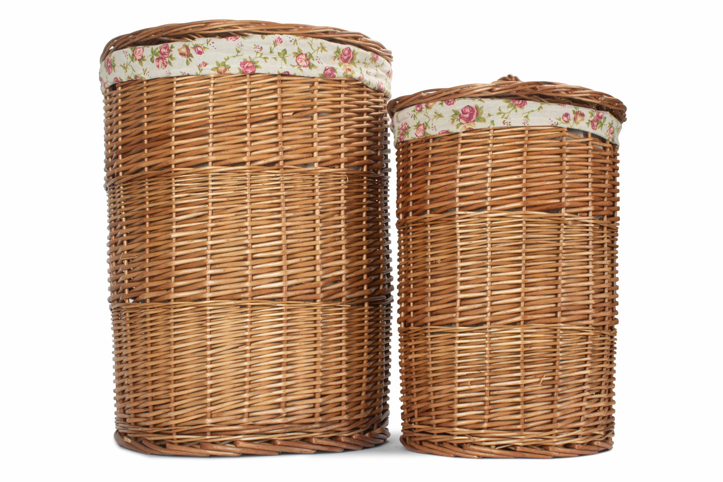 Light Steamed Willow Round Linen Basket with Garden Rose Lining Set 2