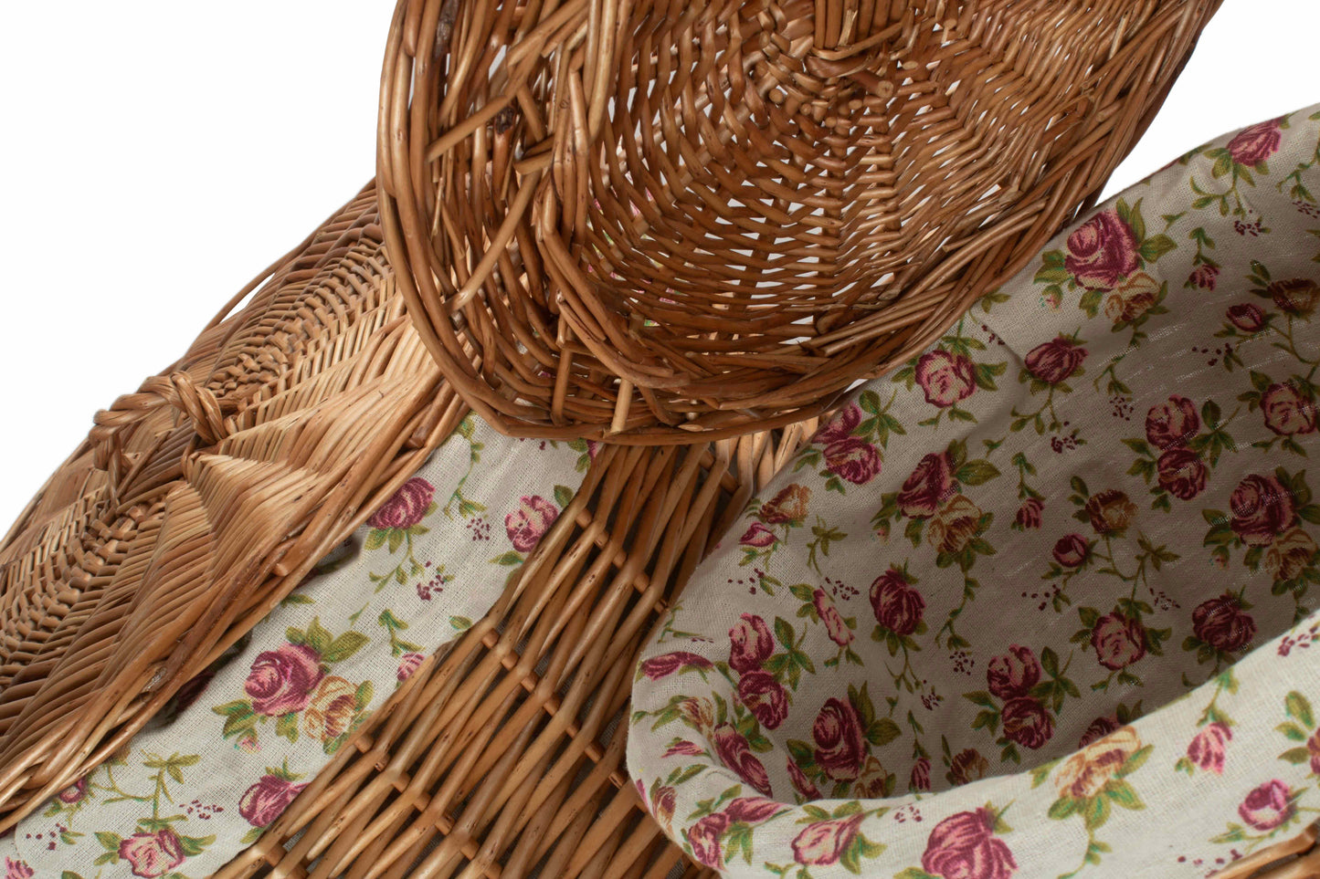 Light Steamed Willow Round Linen Basket with Garden Rose Lining Set 2