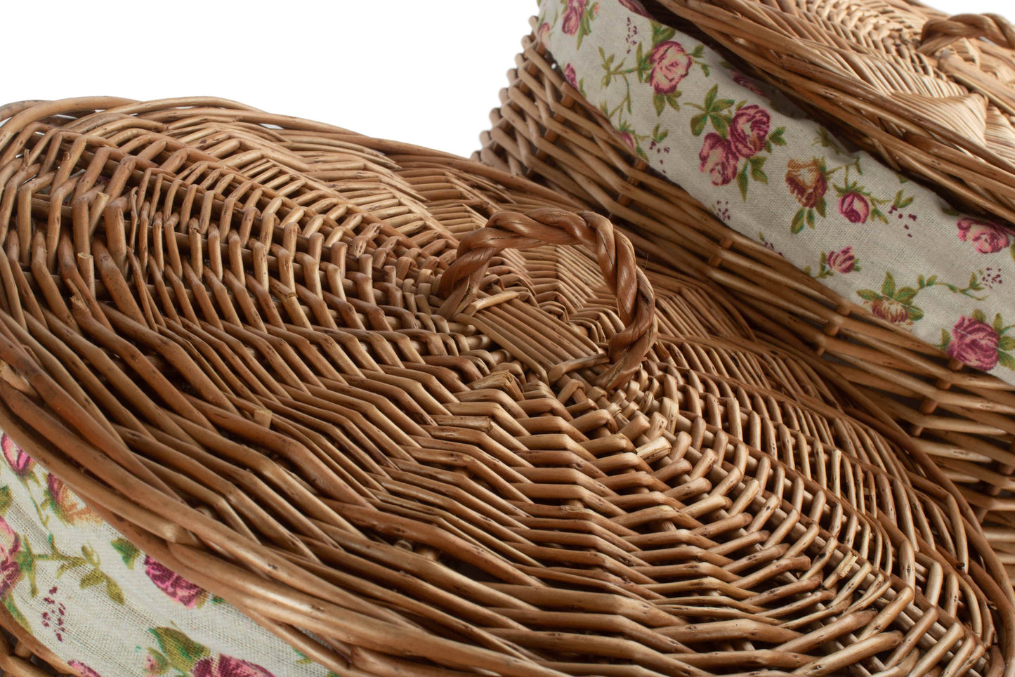 Light Steamed Willow Round Linen Basket with Garden Rose Lining Set 2