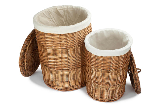 Light Steamed Willow Round Linen Basket with White Lining Set 2