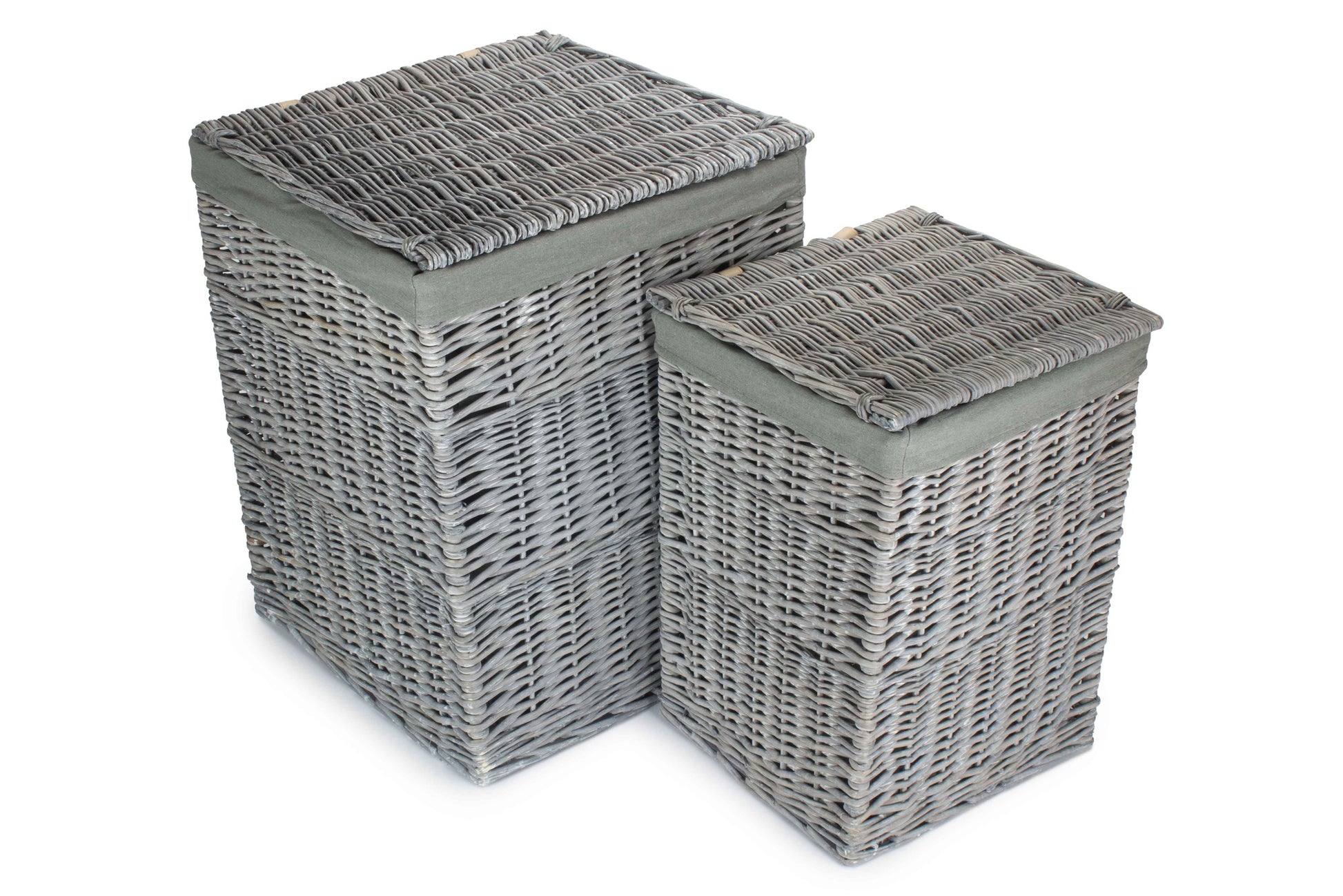 Grey Wash Willow Square Laundry Basket with Grey Sage Lining Set of 2