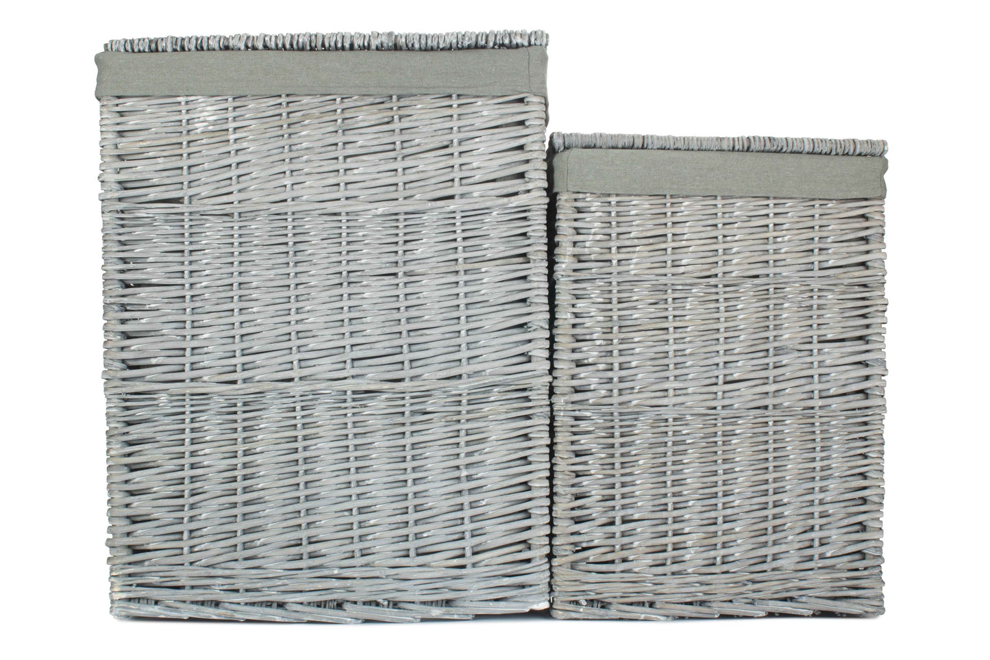 Grey Wash Willow Square Laundry Basket with Grey Sage Lining Set of 2