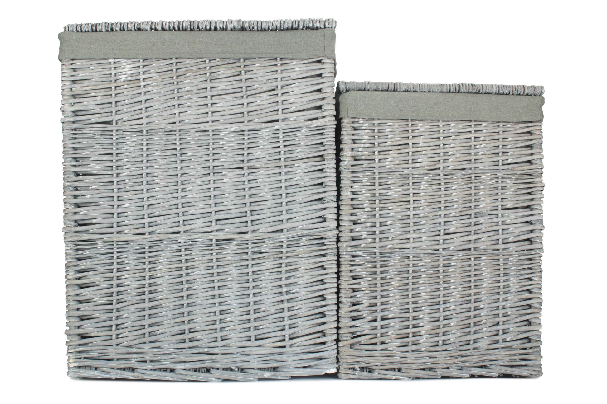 Grey Wash Willow Square Laundry Basket with Grey Sage Lining Set of 2