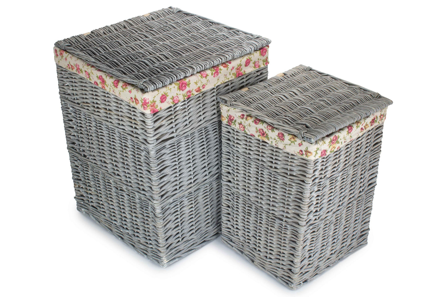 Grey Wash Willow Square Laundry Basket with Garden Rose Lining Set of 2