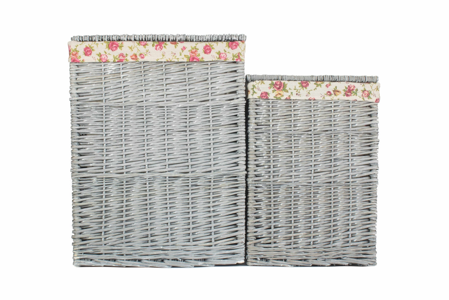 Grey Wash Willow Square Laundry Basket with Garden Rose Lining Set of 2
