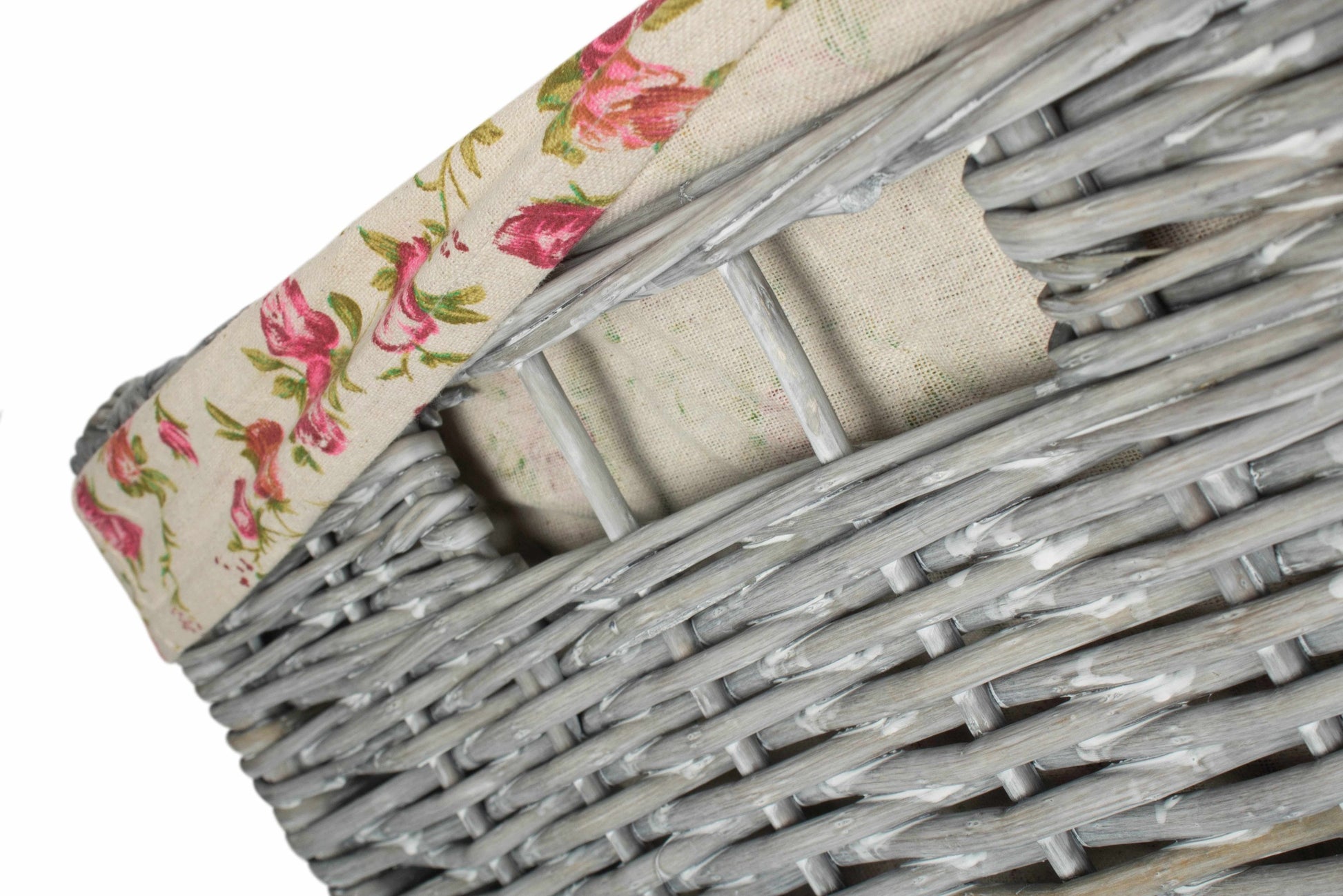 Grey Wash Willow Square Laundry Basket with Garden Rose Lining Set of 2