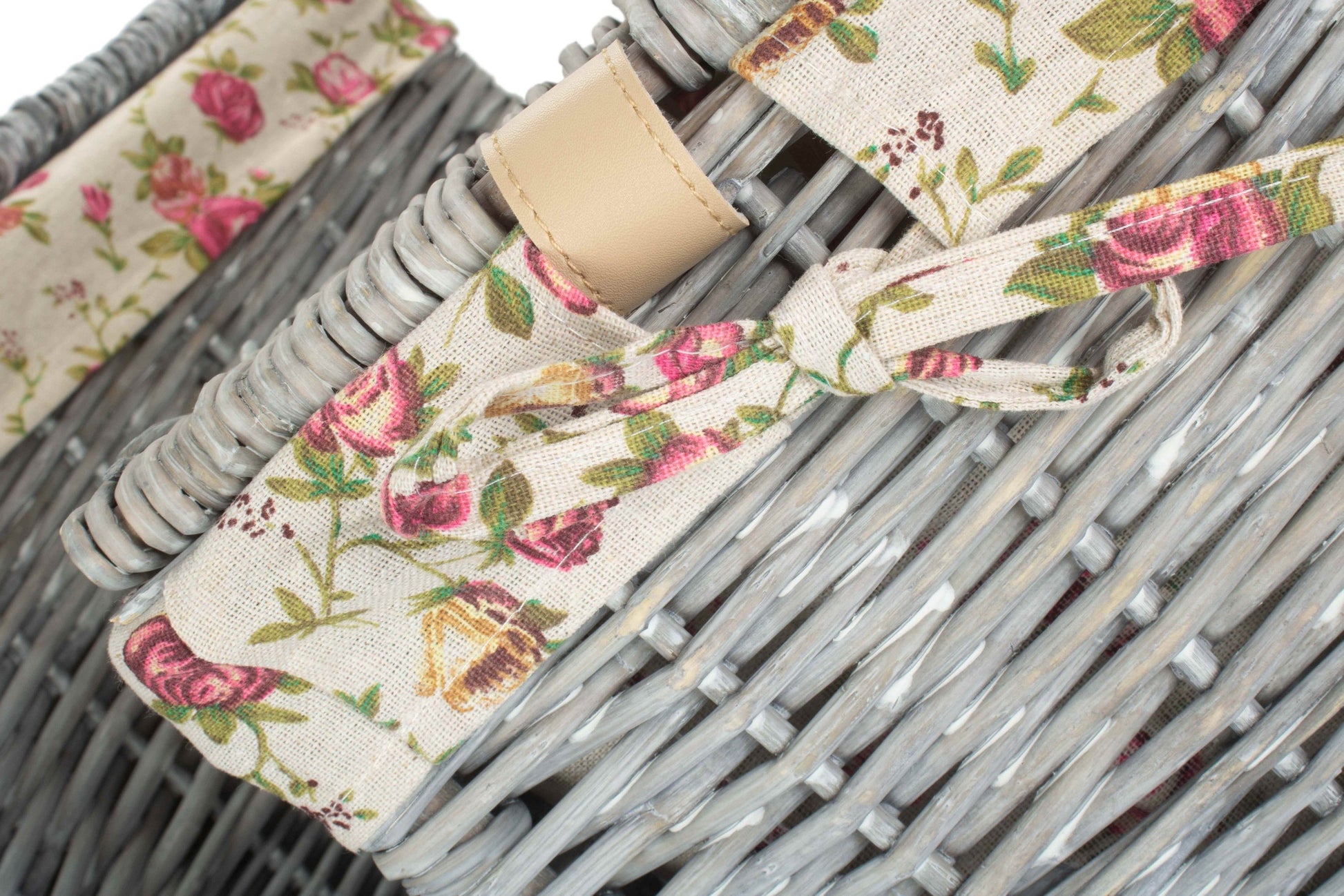 Grey Wash Willow Square Laundry Basket with Garden Rose Lining Set of 2