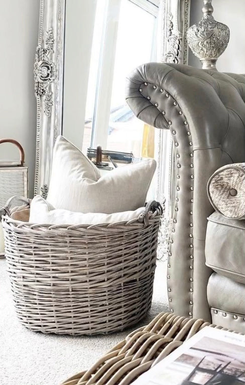 Wovenhill Oval Grey Wash Log Basket with Wooden Handles