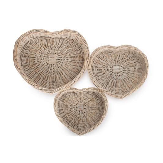 White Wash Heart Shaped Tray Basket Set 3