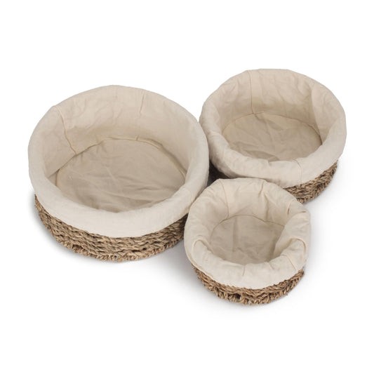 Lined Round Seagrass Small Tray Baskets Set 3