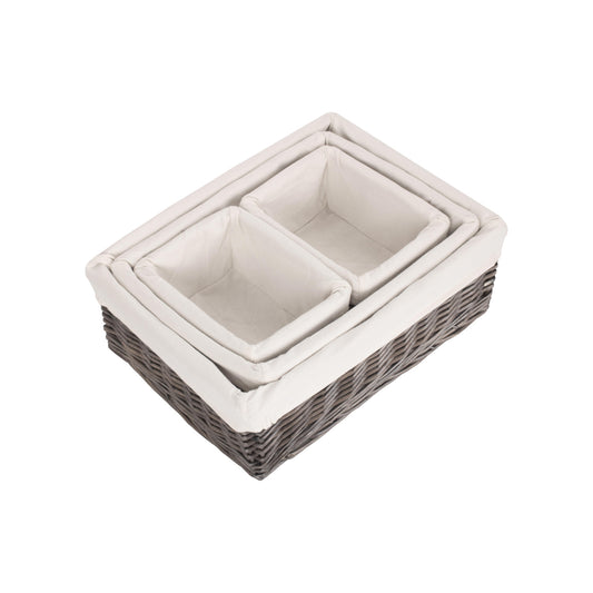 Antique Wash Willow Tray Baskets with White Lining Set 4