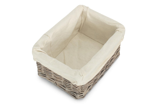Small Grey Wash Willow Tray Basket with White Lining
