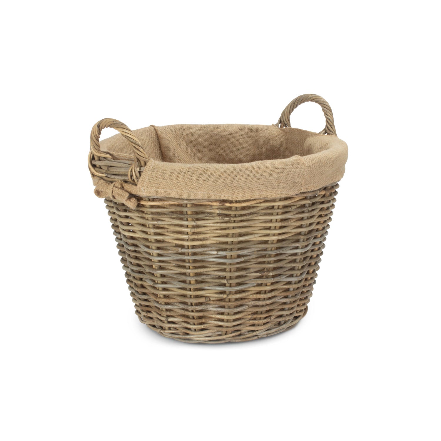 Round Grey Rattan Log Basket With Hessian Lining & Wovenhill