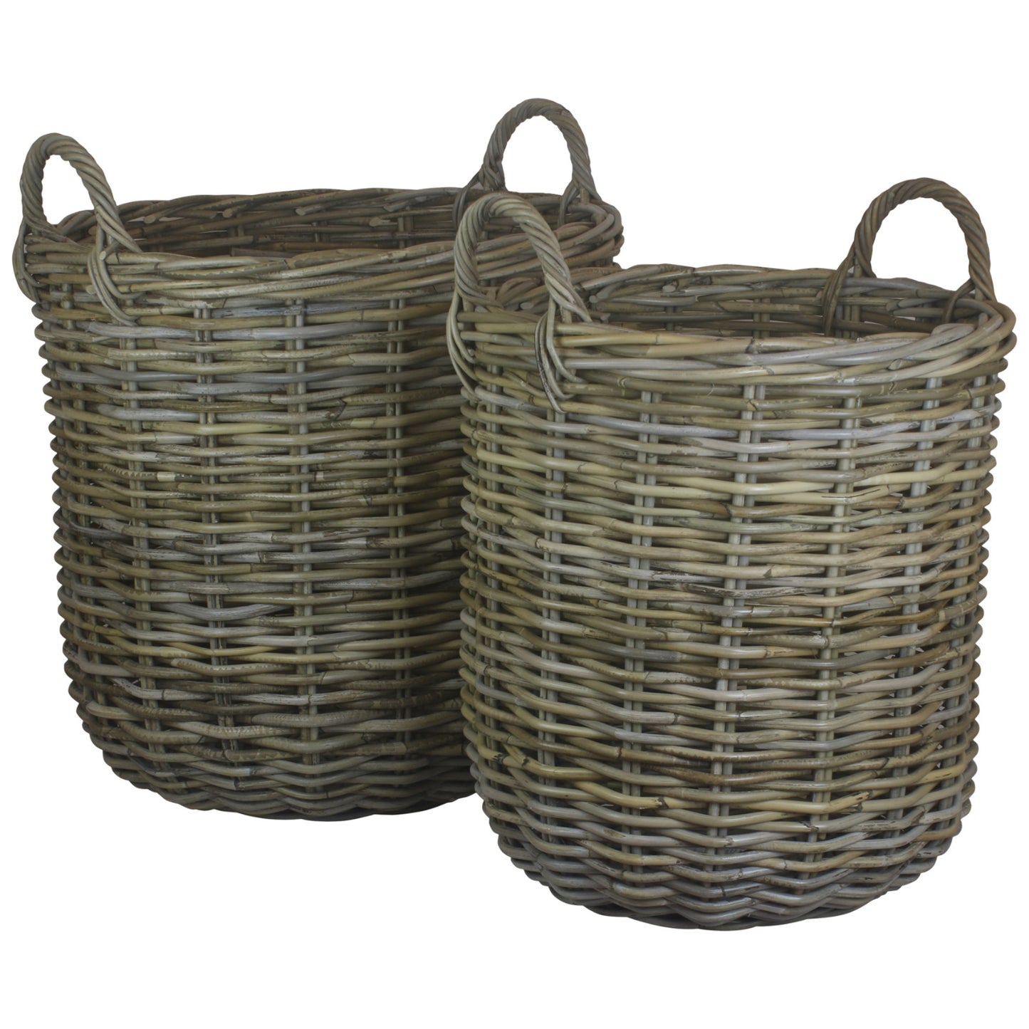 Tall Round Fireside Grey Rattan Log Basket Set 2