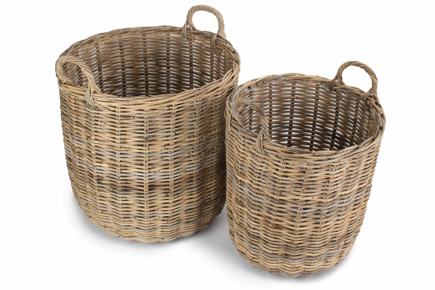Tall Round Fireside Grey Rattan Log Basket Set 2