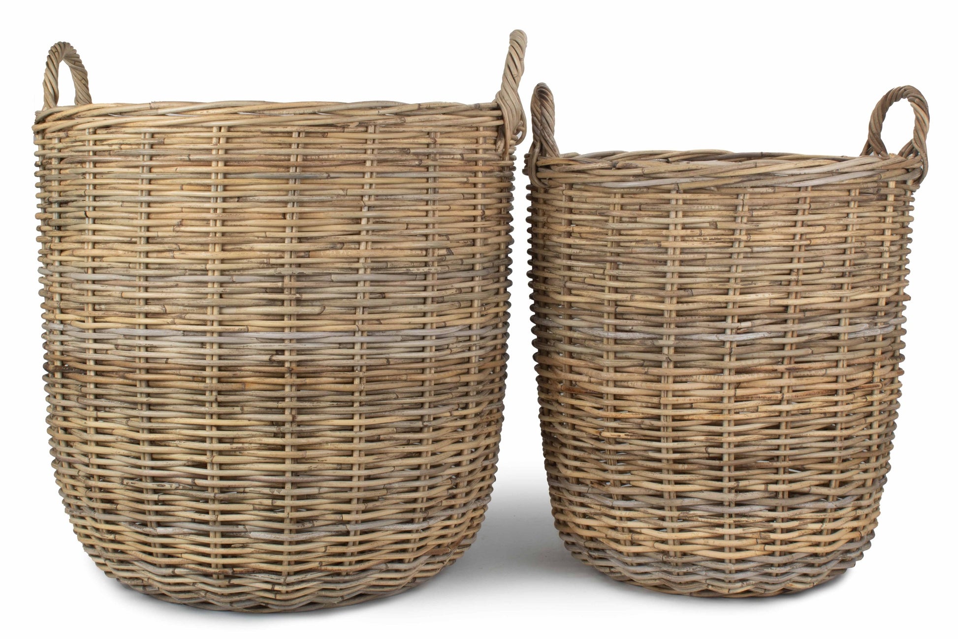 Tall Round Fireside Grey Rattan Log Basket Set 2