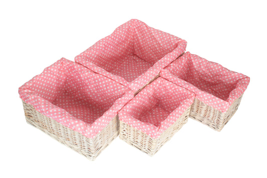White Wash Willow Storage Basket with Pink Spotty Lining Set 4