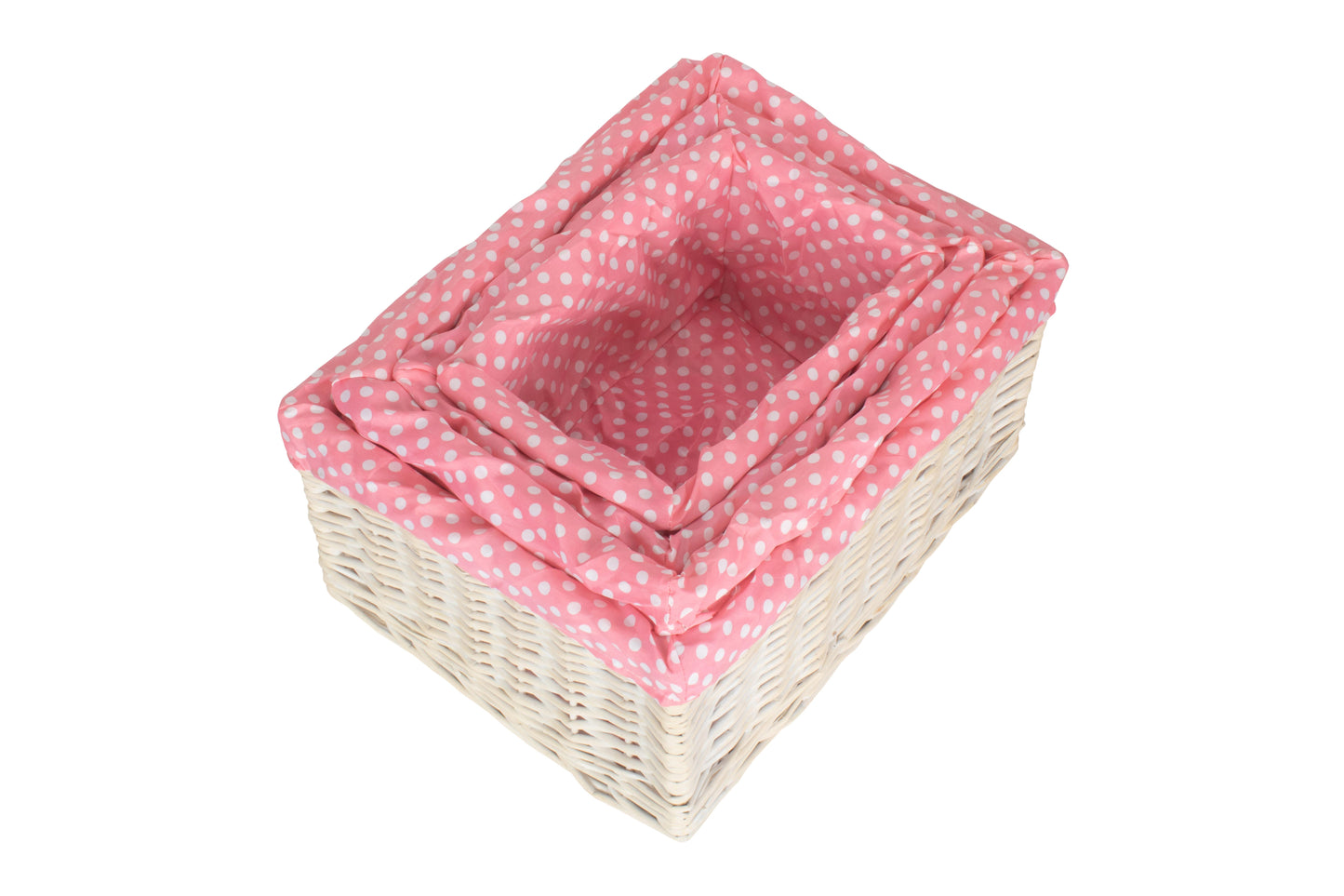 White Wash Willow Storage Basket with Pink Spotty Lining Set 4