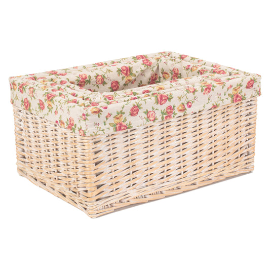 White Wash Willow Storage Basket with Garden Rose Lining Set 4