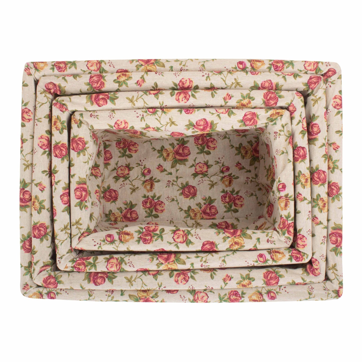 White Wash Willow Storage Basket with Garden Rose Lining Set 4