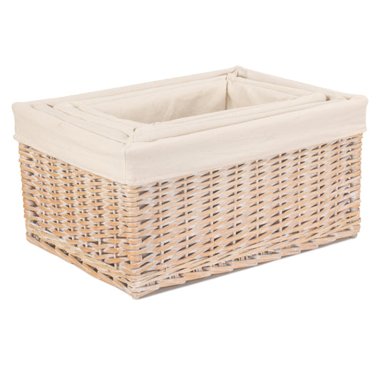 White Wash Willow Storage Basket with White Lining Set 4