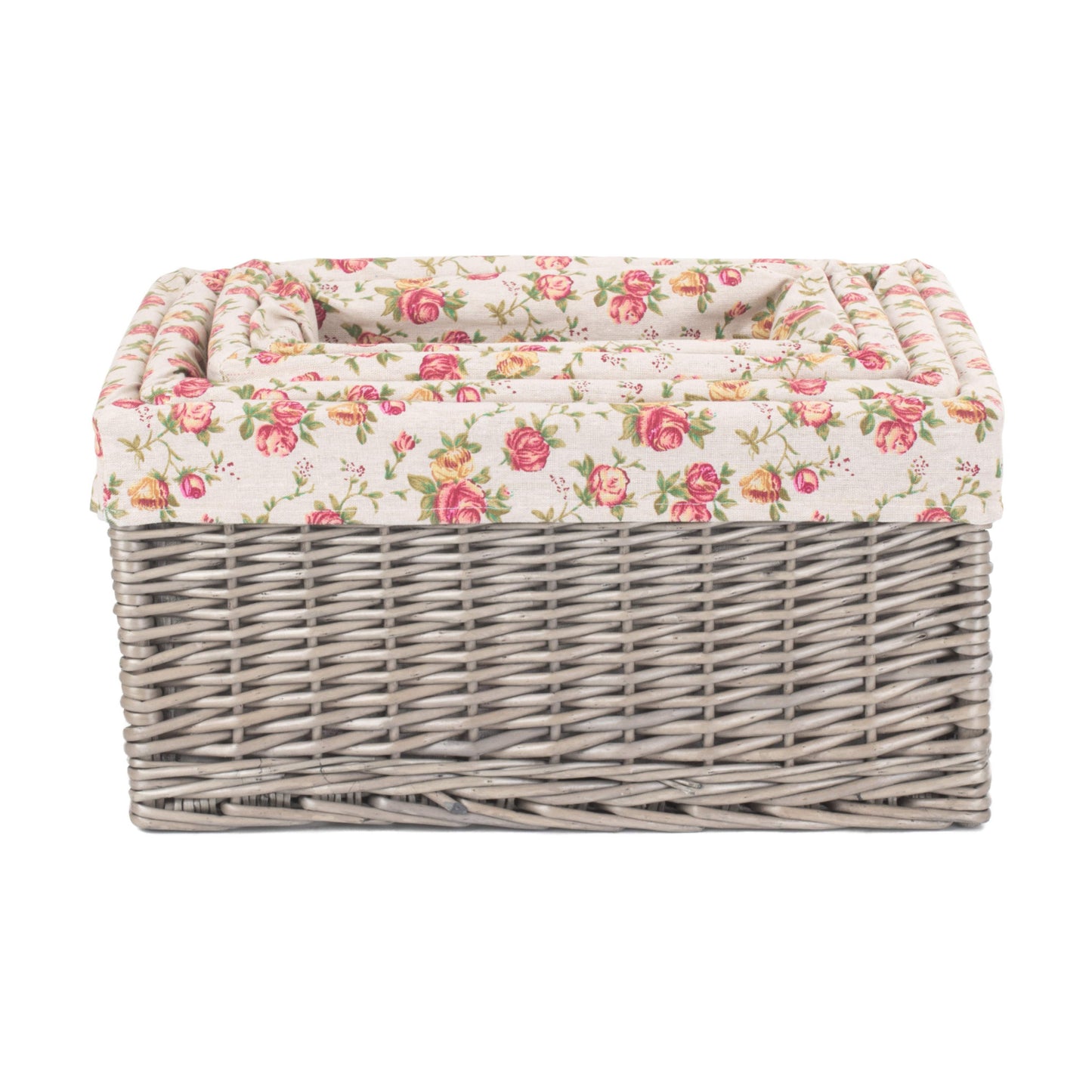 Antique Wash Willow Storage Basket with Garden Rose Lining Set 4