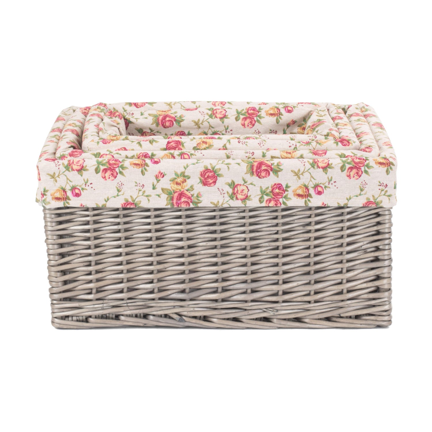 Antique Wash Willow Storage Basket with Garden Rose Lining Set 4