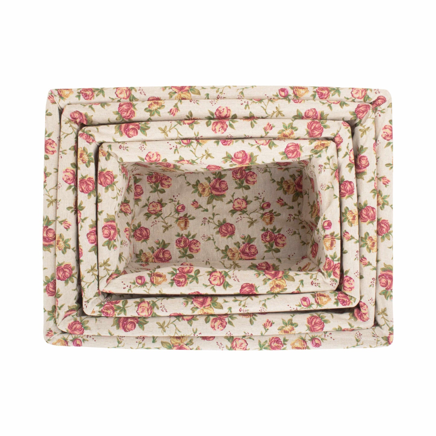 Antique Wash Willow Storage Basket with Garden Rose Lining Set 4