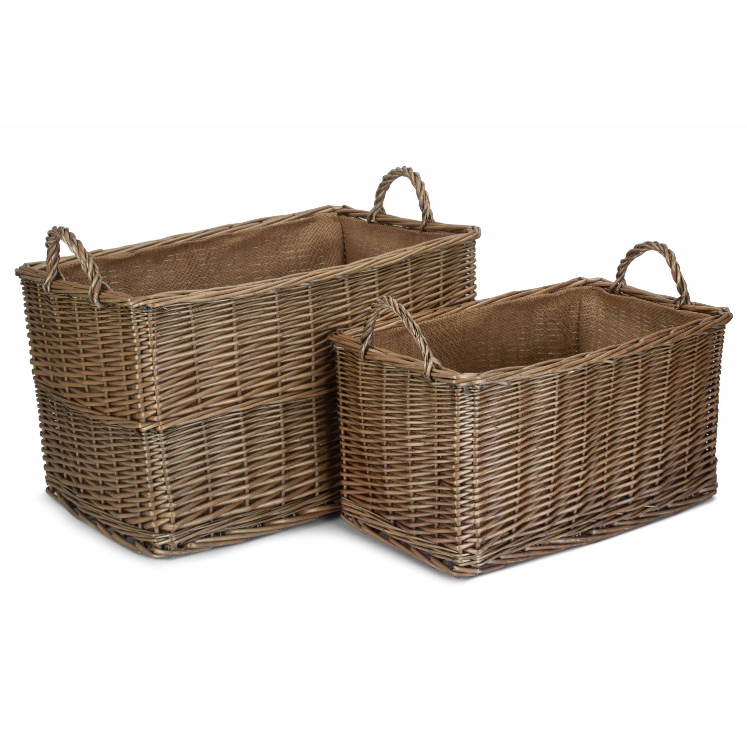 Antique Wash Rectangular Hessian Lined Basket Set 2
