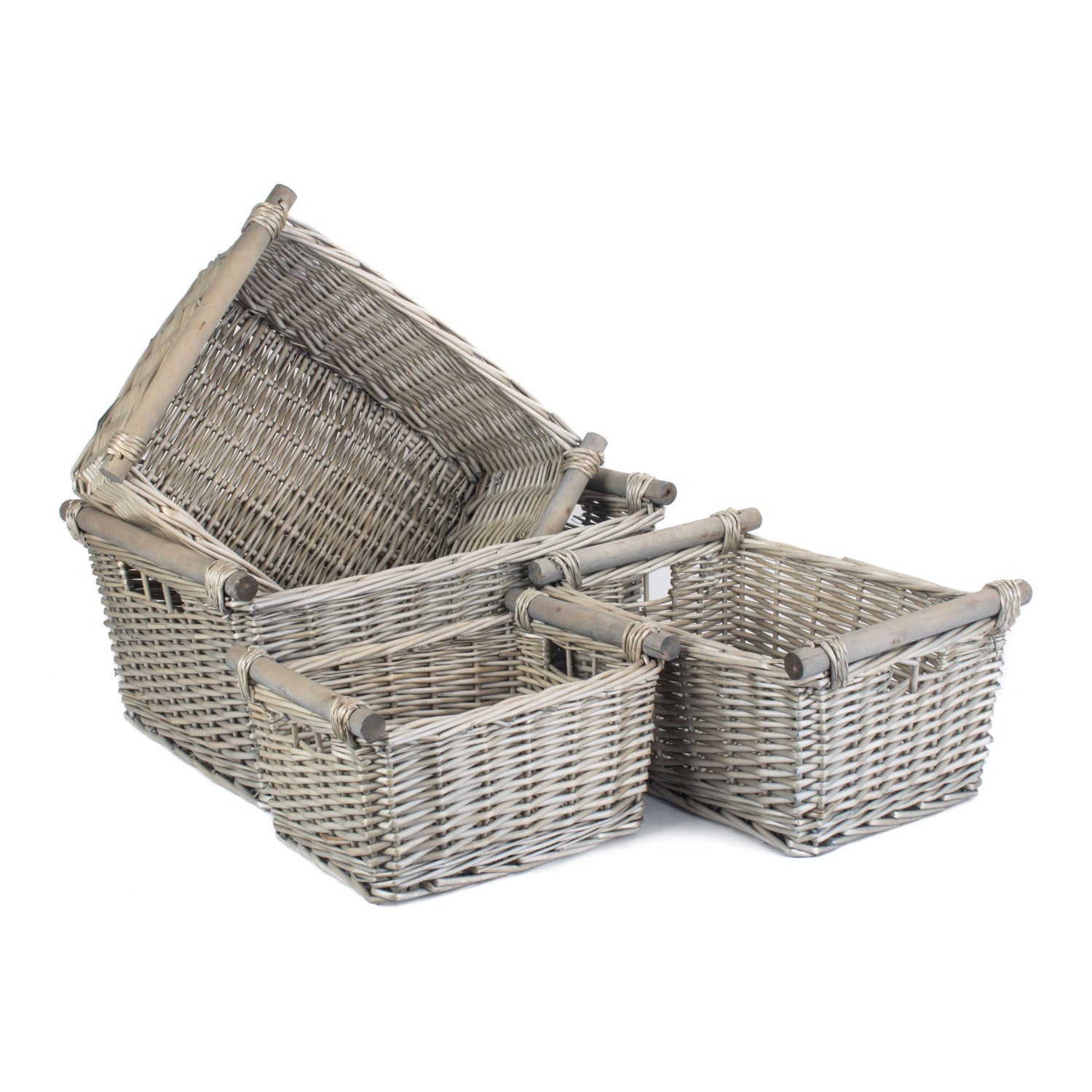 Antique Wash Wooden Handled Storage Basket Set 4